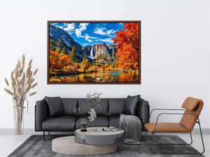Autumn mountain waterfall landscape with vibrant orange trees and river reflection   wall art canvas
