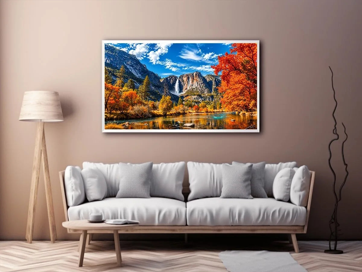 Autumn mountain waterfall landscape with vibrant orange trees and river reflection   wall art canvas