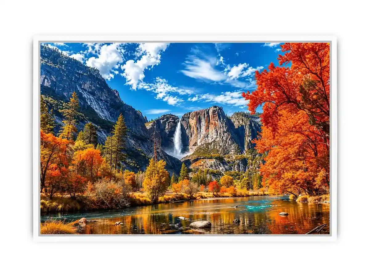 Autumn mountain waterfall landscape with vibrant orange trees and river reflection   wall art canvas