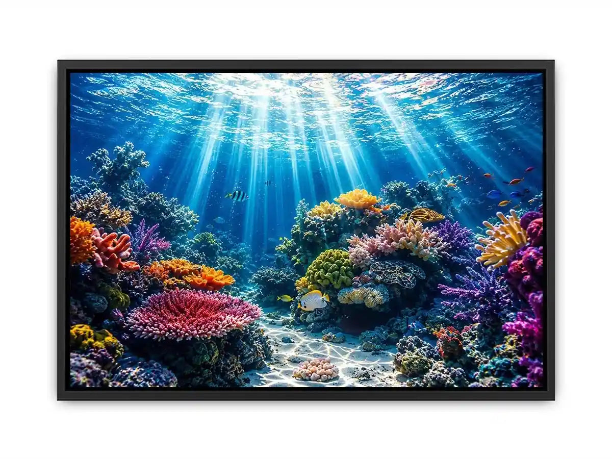 Underwater coral reef ocean scene with sun rays tropical fish and colorful marine life wall art canvas