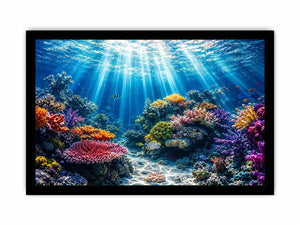 Underwater coral reef ocean scene with sun rays tropical fish and colorful marine life wall art canvas