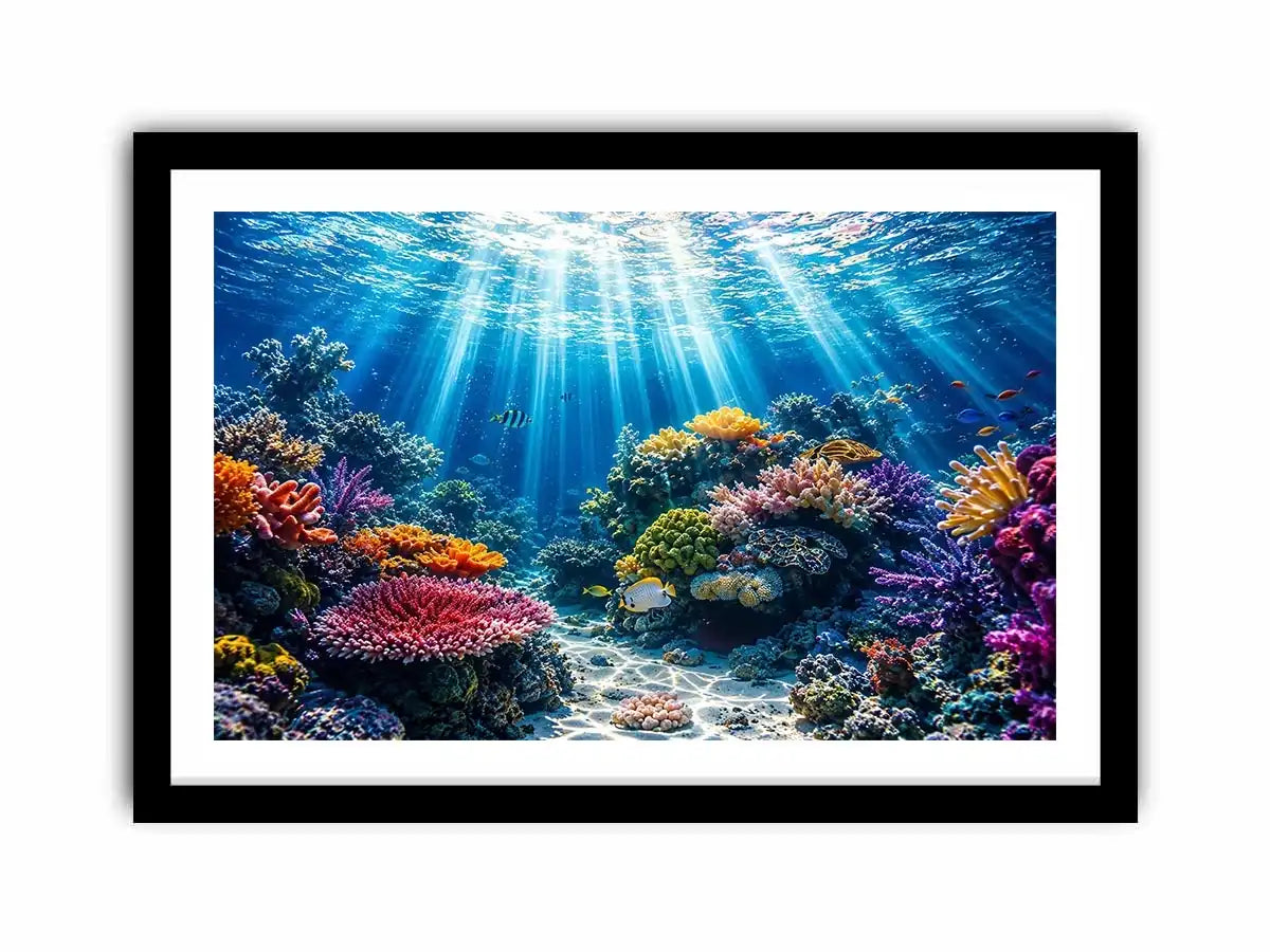 Underwater coral reef ocean scene with sun rays tropical fish and colorful marine life wall art canvas