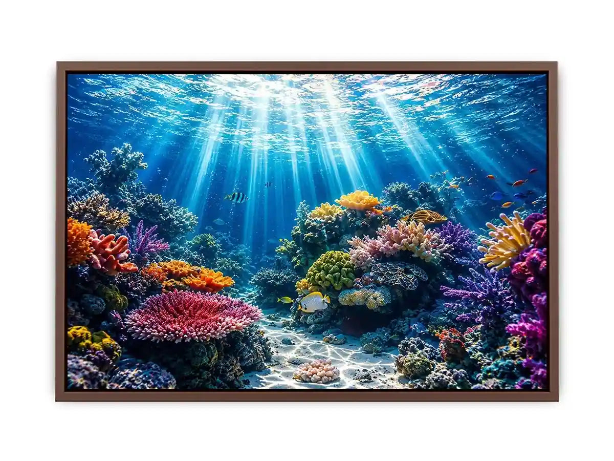 Underwater coral reef ocean scene with sun rays tropical fish and colorful marine life wall art canvas