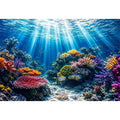 Underwater coral reef ocean scene with sun rays tropical fish and colorful marine life wall art canvas