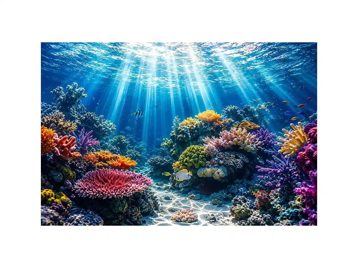 Underwater coral reef ocean scene with sun rays tropical fish and colorful marine life wall art canvas