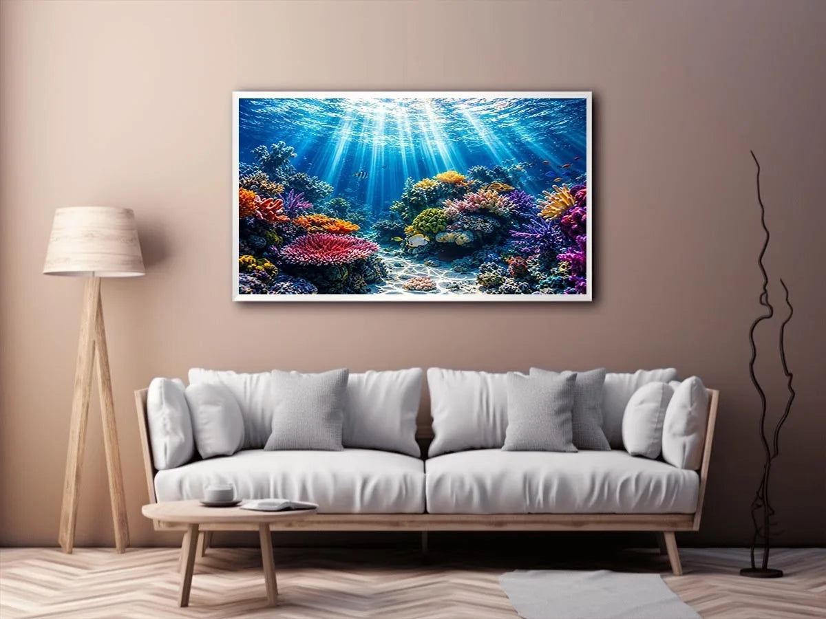 Underwater coral reef ocean scene with sun rays tropical fish and colorful marine life wall art canvas