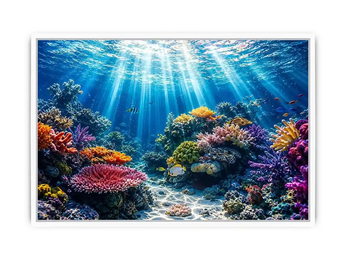 Underwater coral reef ocean scene with sun rays tropical fish and colorful marine life wall art canvas