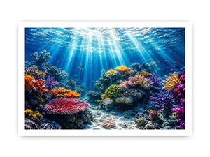 Underwater coral reef ocean scene with sun rays tropical fish and colorful marine life wall art canvas