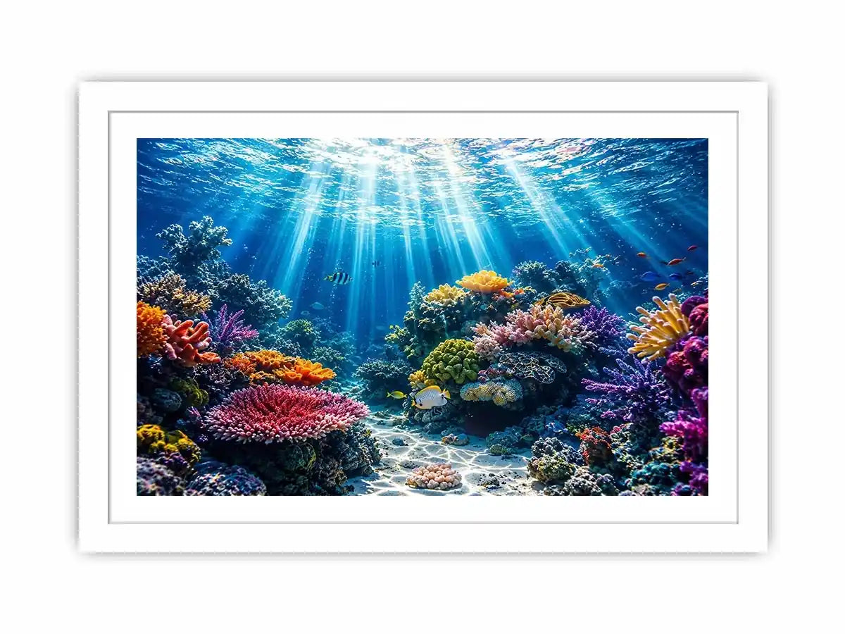 Underwater coral reef ocean scene with sun rays tropical fish and colorful marine life wall art canvas