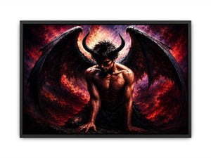 Dark fantasy fallen angel painting with black wings crimson abstract textures and gothic wall art canvas