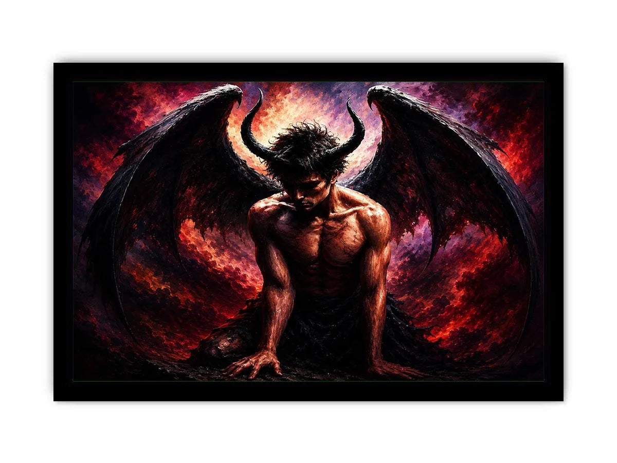 Dark fantasy fallen angel painting with black wings crimson abstract textures and gothic wall art canvas