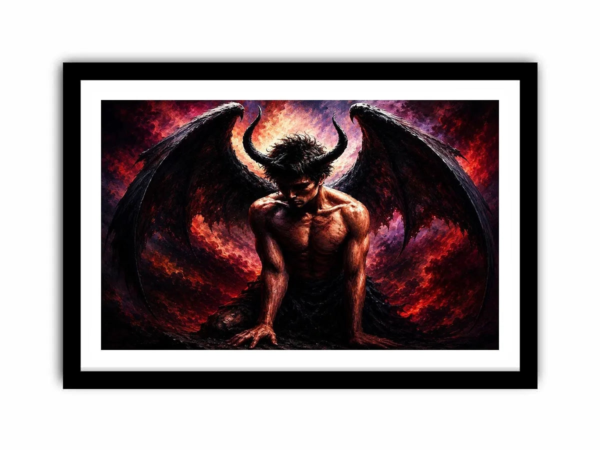 Dark fantasy fallen angel painting with black wings crimson abstract textures and gothic wall art canvas