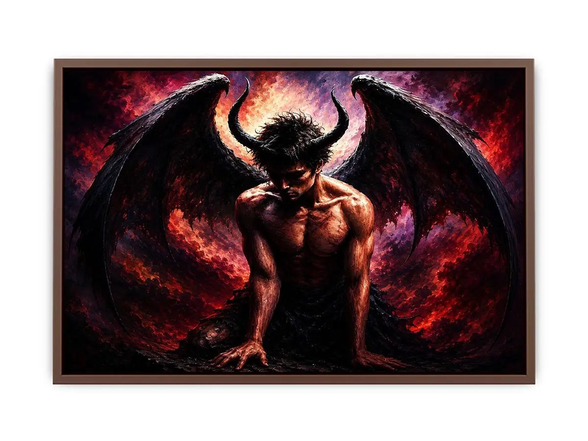 Dark fantasy fallen angel painting with black wings crimson abstract textures and gothic wall art canvas