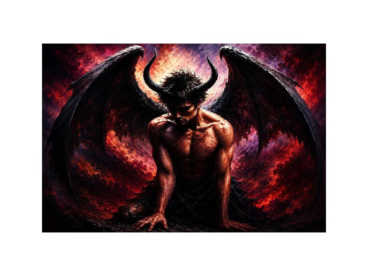 Dark fantasy fallen angel painting with black wings crimson abstract textures and gothic wall art canvas