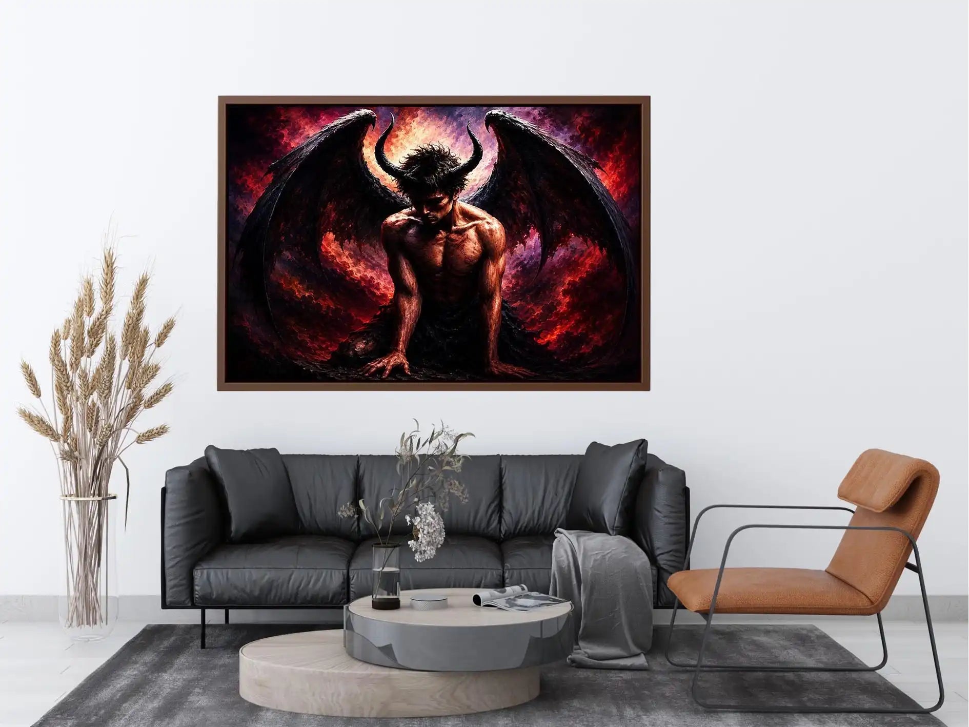 Dark fantasy fallen angel painting with black wings crimson abstract textures and gothic wall art canvas