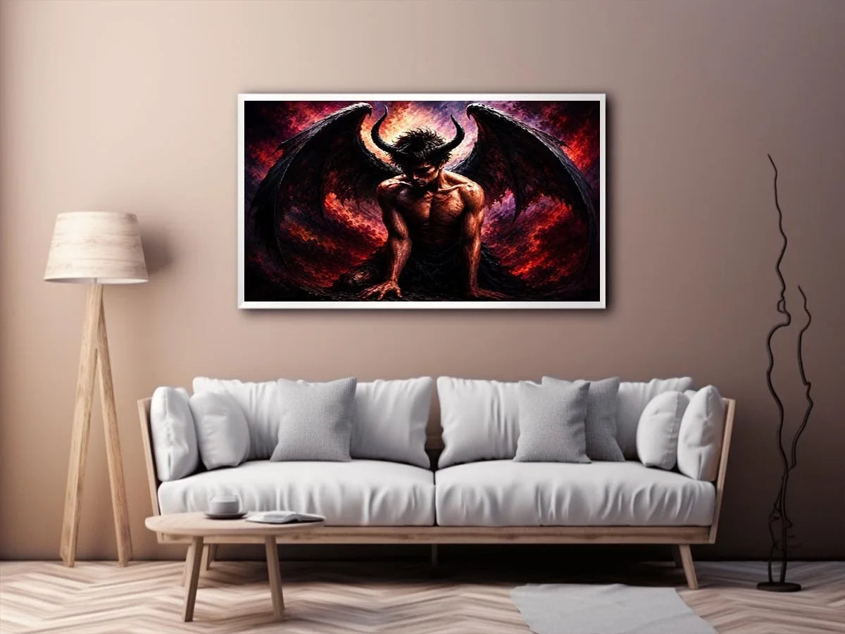 Dark fantasy fallen angel painting with black wings crimson abstract textures and gothic wall art canvas