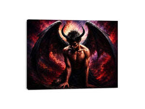 Dark fantasy fallen angel painting with black wings crimson abstract textures and gothic wall art canvas