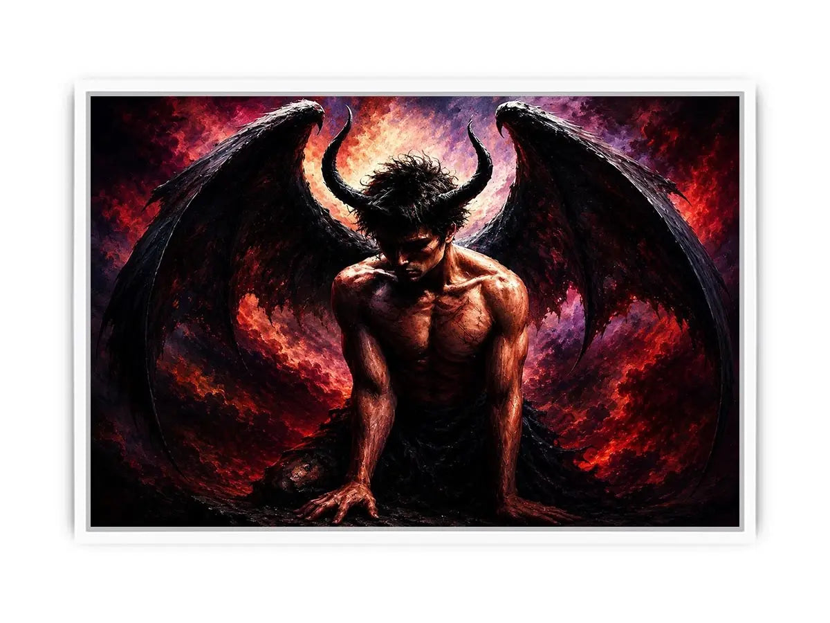 Dark fantasy fallen angel painting with black wings crimson abstract textures and gothic wall art canvas