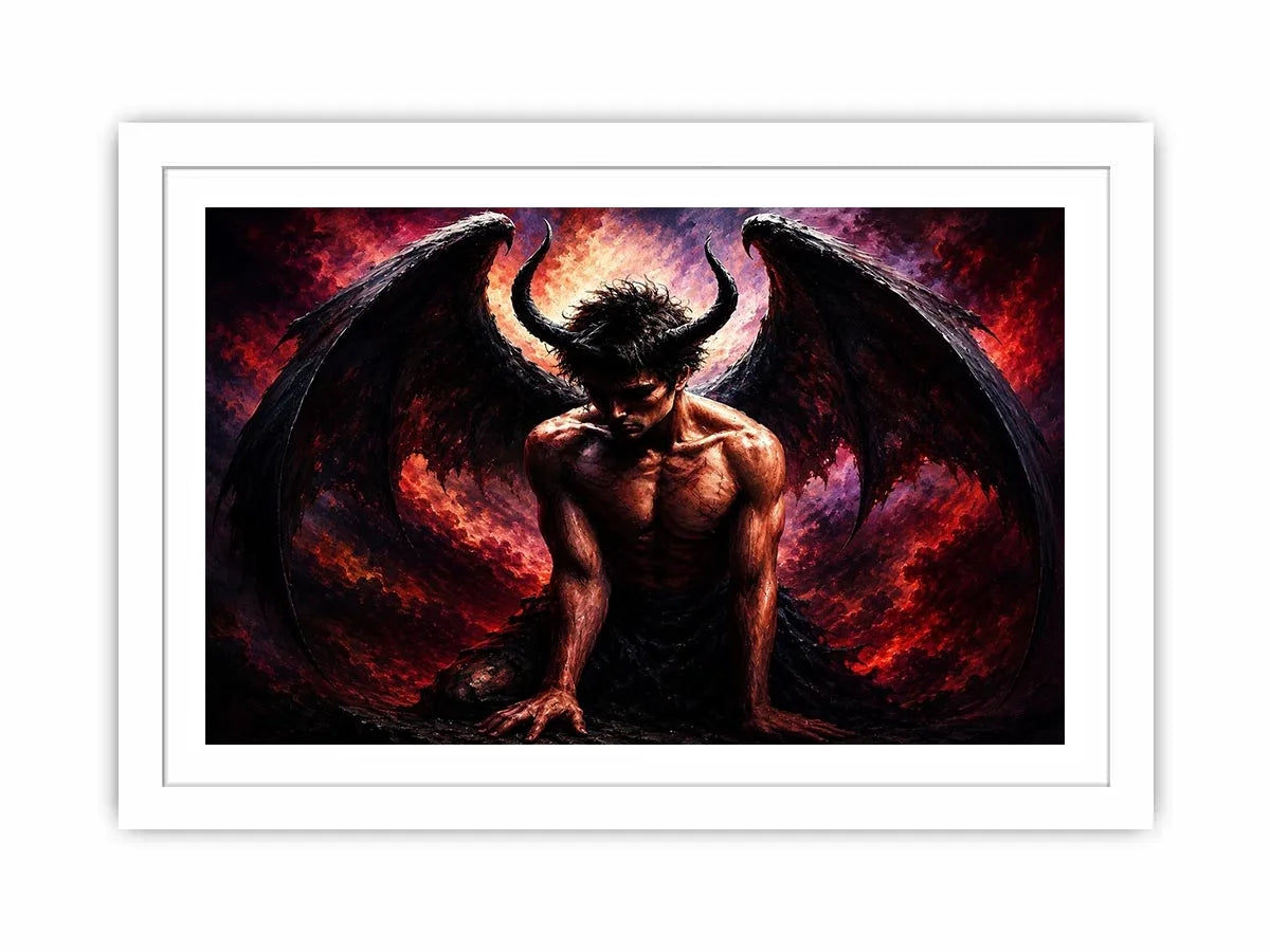 Dark fantasy fallen angel painting with black wings crimson abstract textures and gothic wall art canvas