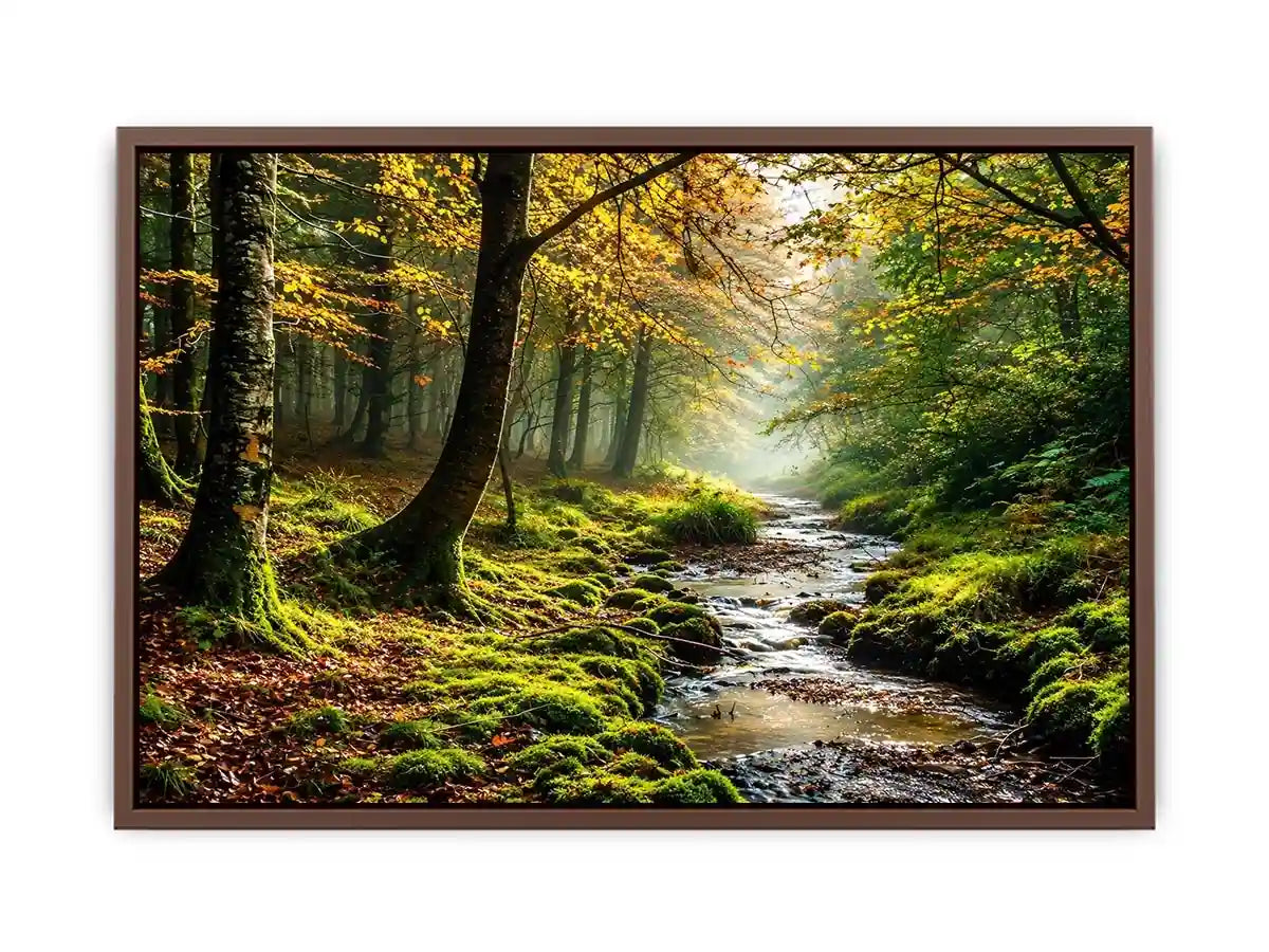 Misty forest creek landscape with mossy woodland trees and peaceful nature wall art canvas