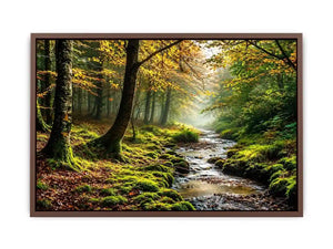 Misty forest creek landscape with mossy woodland trees and peaceful nature wall art canvas