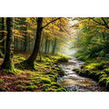 Misty forest creek landscape with mossy woodland trees and peaceful nature wall art canvas