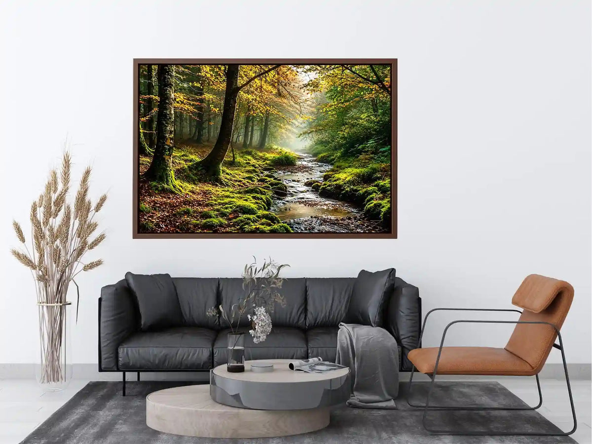 Misty forest creek landscape with mossy woodland trees and peaceful nature wall art canvas