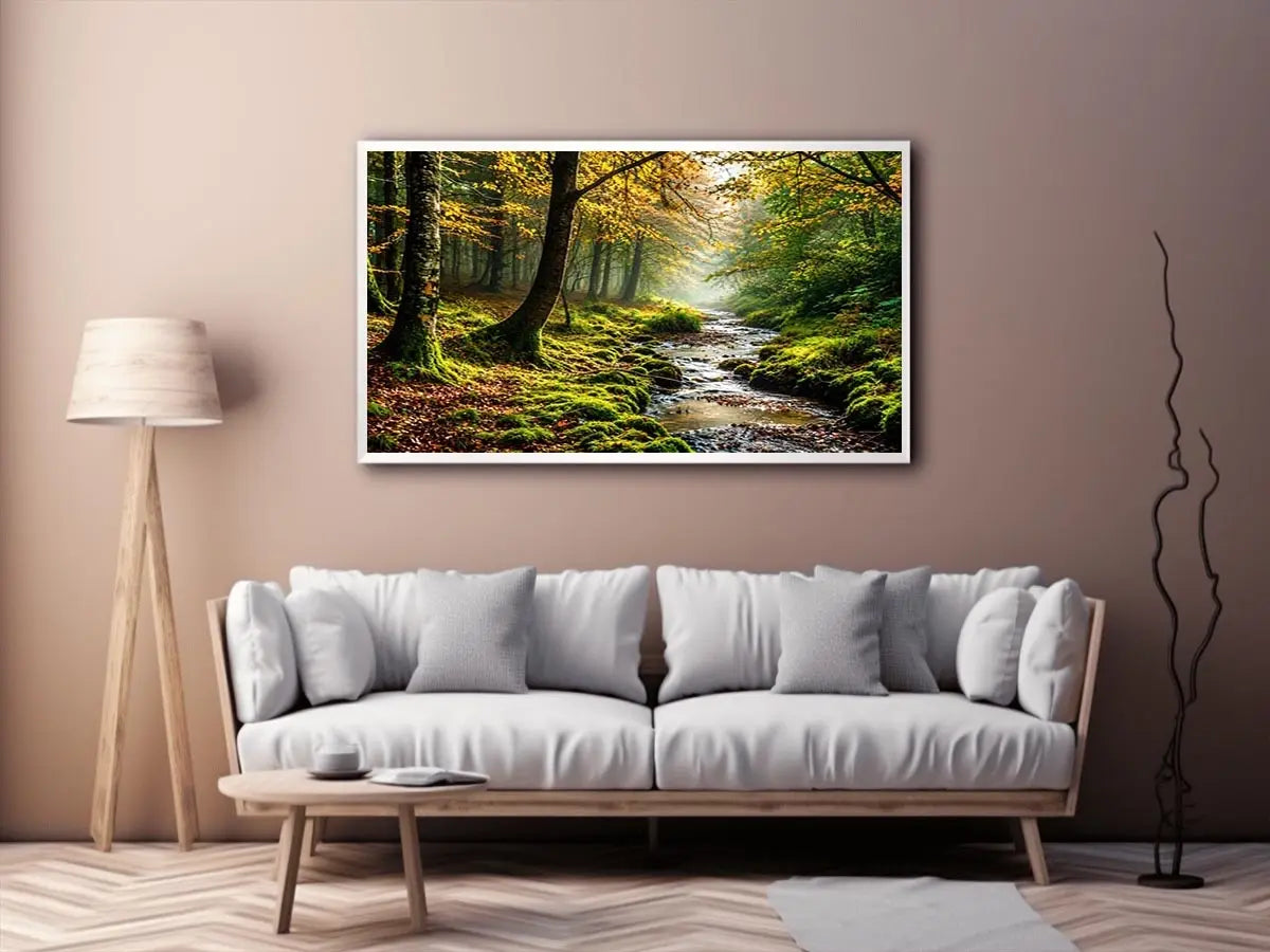 Misty forest creek landscape with mossy woodland trees and peaceful nature wall art canvas