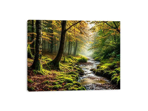 Misty forest creek landscape with mossy woodland trees and peaceful nature wall art canvas