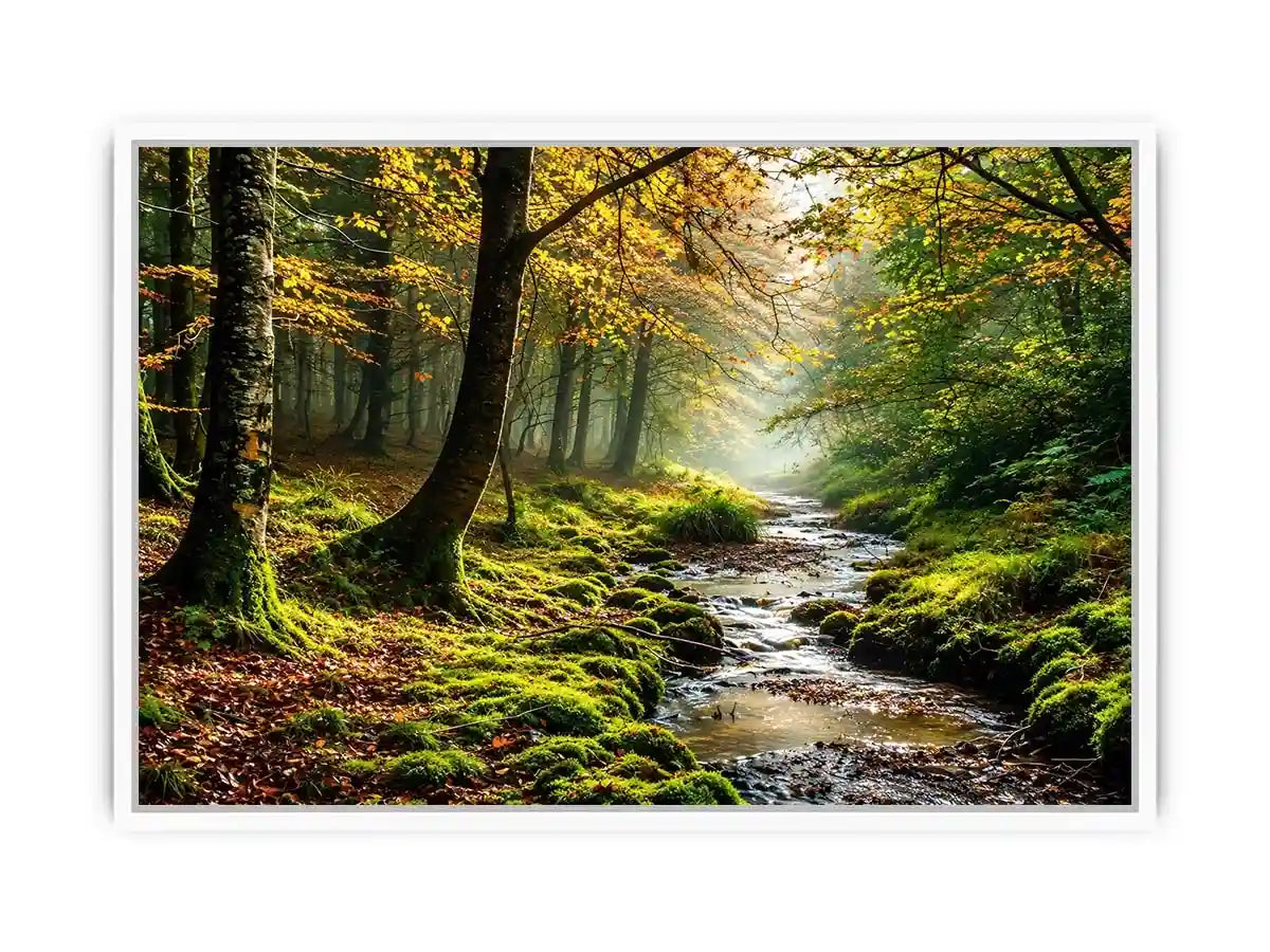 Misty forest creek landscape with mossy woodland trees and peaceful nature wall art canvas