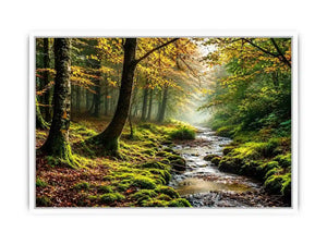Misty forest creek landscape with mossy woodland trees and peaceful nature wall art canvas