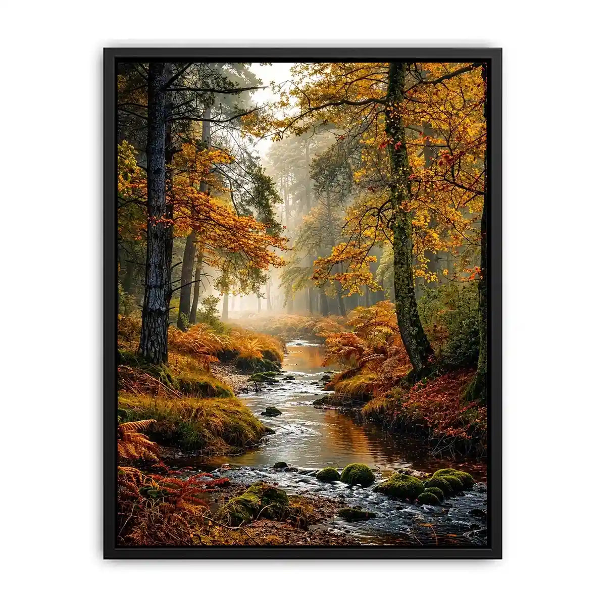 Misty autumn forest stream landscape wall art with golden trees, flowing creek, foggy woodland atmosphere and peaceful nature scenery.