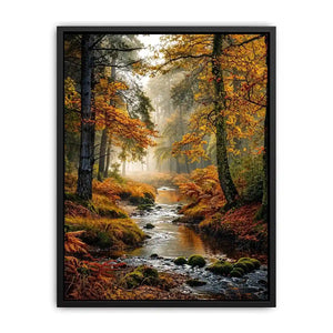 Misty autumn forest stream landscape wall art with golden trees, flowing creek, foggy woodland atmosphere and peaceful nature scenery.