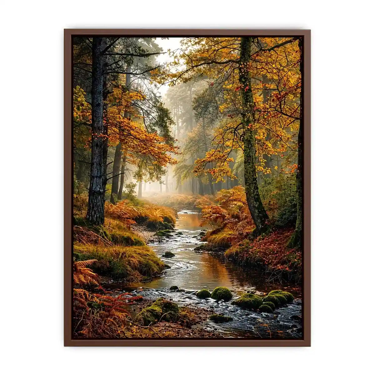 Misty autumn forest stream landscape wall art with golden trees, flowing creek, foggy woodland atmosphere and peaceful nature scenery.