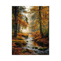 Misty autumn forest stream landscape wall art with golden trees, flowing creek, foggy woodland atmosphere and peaceful nature scenery.