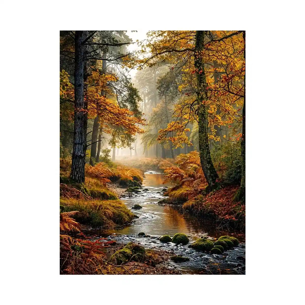 Misty autumn forest stream landscape wall art with golden trees, flowing creek, foggy woodland atmosphere and peaceful nature scenery.