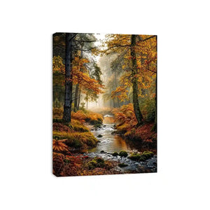 Misty autumn forest stream landscape wall art with golden trees, flowing creek, foggy woodland atmosphere and peaceful nature scenery.