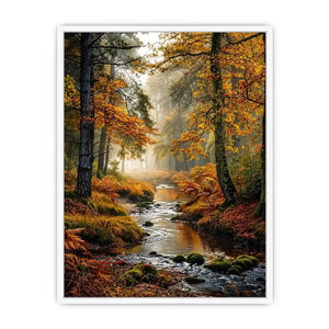 Misty autumn forest stream landscape wall art with golden trees, flowing creek, foggy woodland atmosphere and peaceful nature scenery.