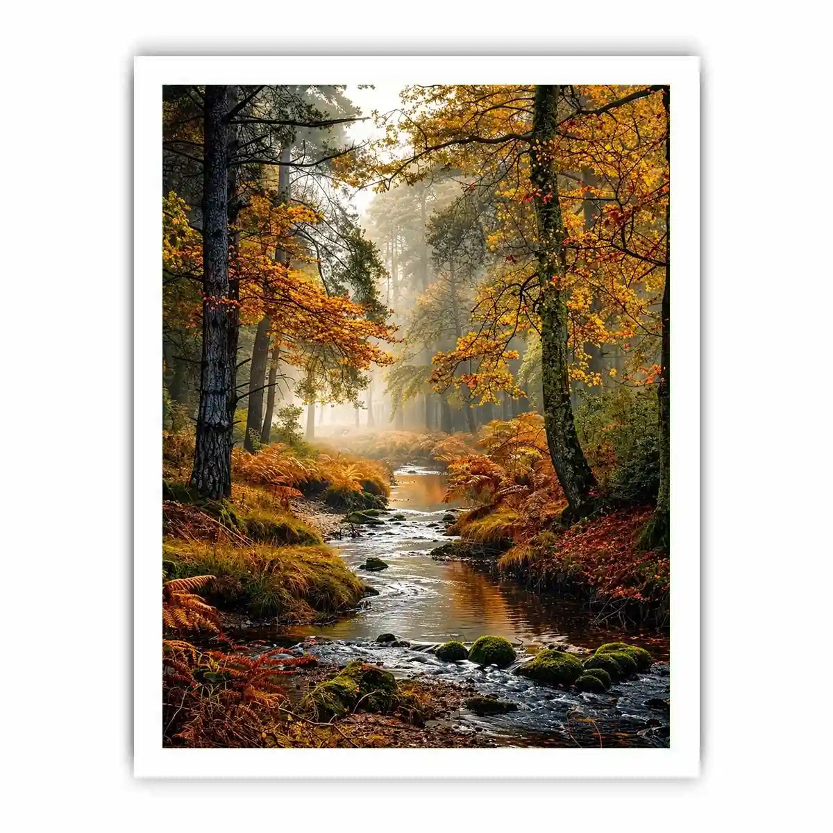 Misty autumn forest stream landscape wall art with golden trees, flowing creek, foggy woodland atmosphere and peaceful nature scenery.