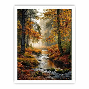 Misty autumn forest stream landscape wall art with golden trees, flowing creek, foggy woodland atmosphere and peaceful nature scenery.
