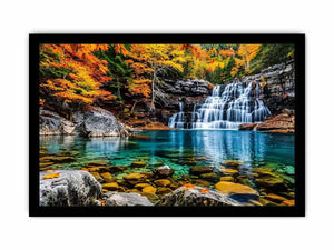 Autumn waterfall landscape wall art with turquoise river, colorful forest trees, rocky canyon scenery and peaceful nature photography.