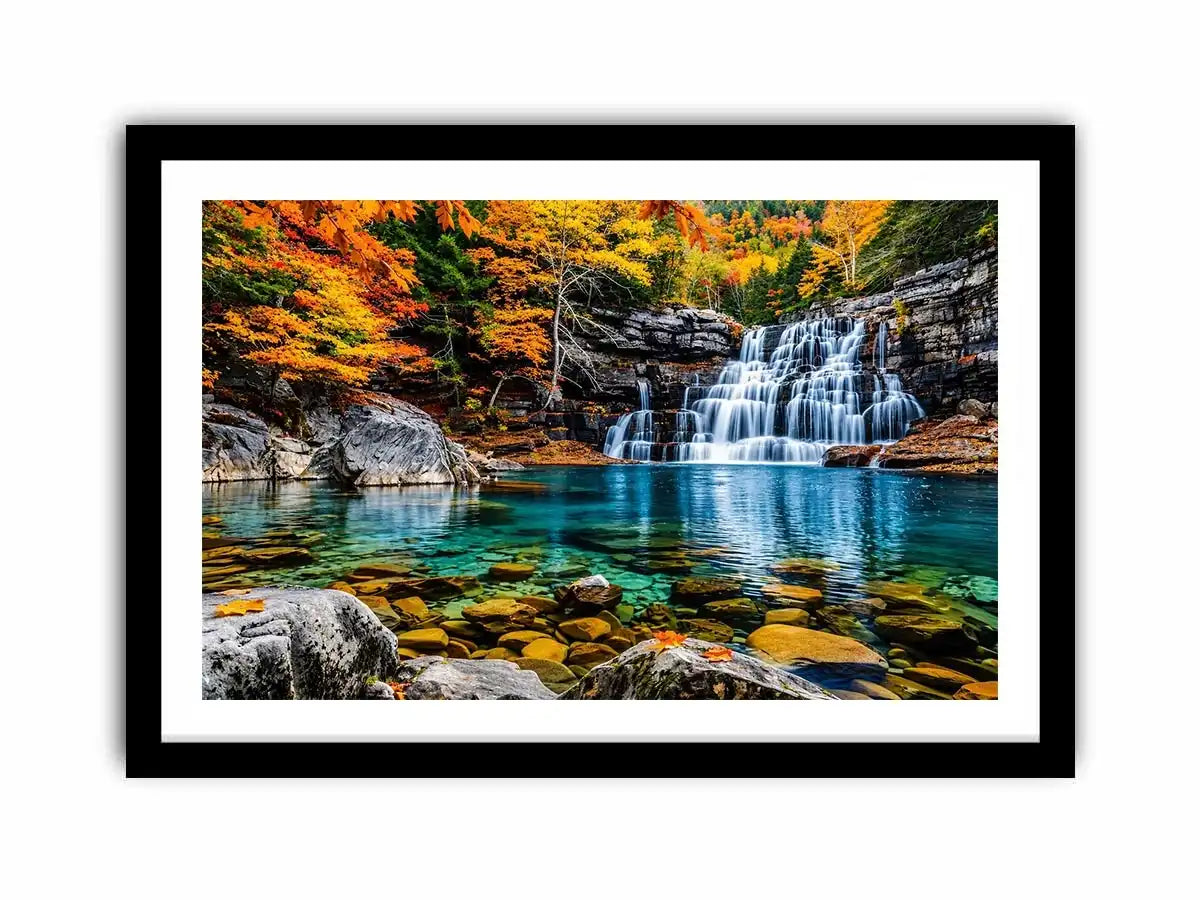 Autumn waterfall landscape wall art with turquoise river, colorful forest trees, rocky canyon scenery and peaceful nature photography.
