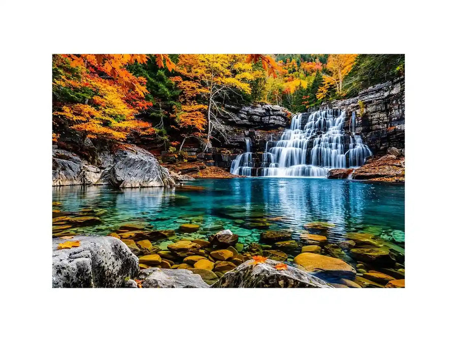 Autumn waterfall landscape wall art with turquoise river, colorful forest trees, rocky canyon scenery and peaceful nature photography.