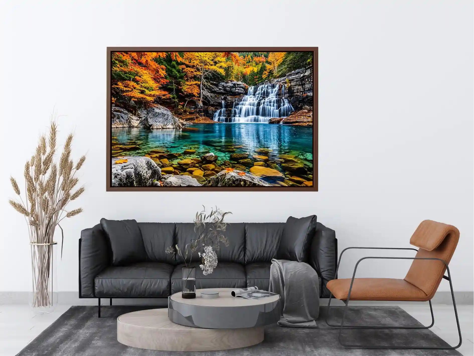 Autumn waterfall landscape wall art with turquoise river, colorful forest trees, rocky canyon scenery and peaceful nature photography.