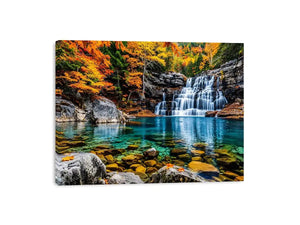 Autumn waterfall landscape wall art with turquoise river, colorful forest trees, rocky canyon scenery and peaceful nature photography.