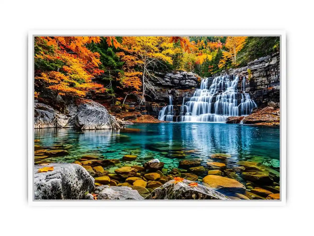 Autumn waterfall landscape wall art with turquoise river, colorful forest trees, rocky canyon scenery and peaceful nature photography.