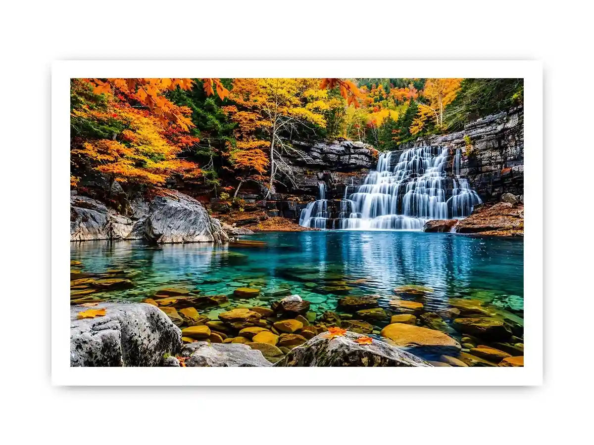 Autumn waterfall landscape wall art with turquoise river, colorful forest trees, rocky canyon scenery and peaceful nature photography.