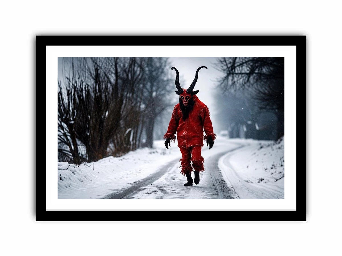Surreal horned figure winter wall art with red costume, snowy road, dark fantasy atmosphere and cinematic horror aesthetic.