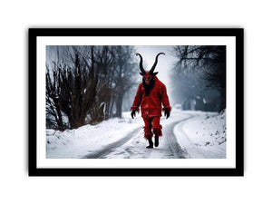 Surreal horned figure winter wall art with red costume, snowy road, dark fantasy atmosphere and cinematic horror aesthetic.