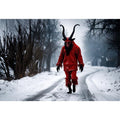 Surreal horned figure winter wall art with red costume, snowy road, dark fantasy atmosphere and cinematic horror aesthetic.